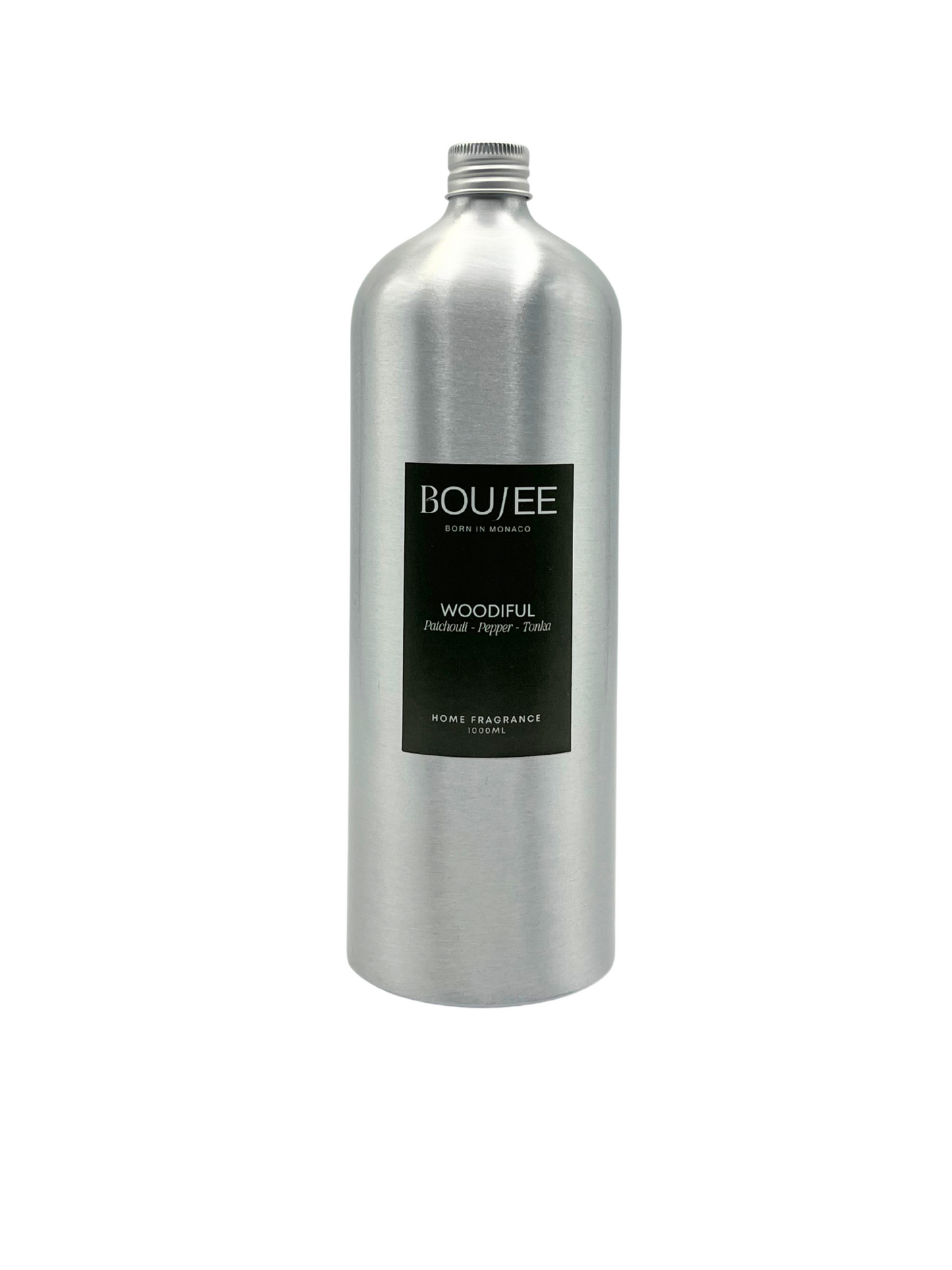 BOUJEE MONACO Woodiful XL Refill in sleek aluminium bottle, delivering a rich, warm, and grounded scent perfect for a sophisticated interior.