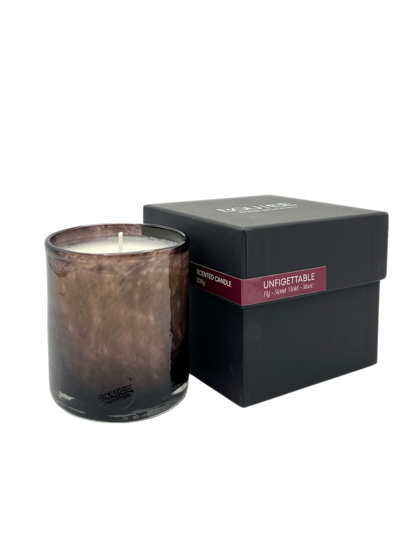 Unfigettable Scented Candle by BOUJEE Monaco in handblown glass, featuring a sophisticated blend of fig, sweet violet, and musk.