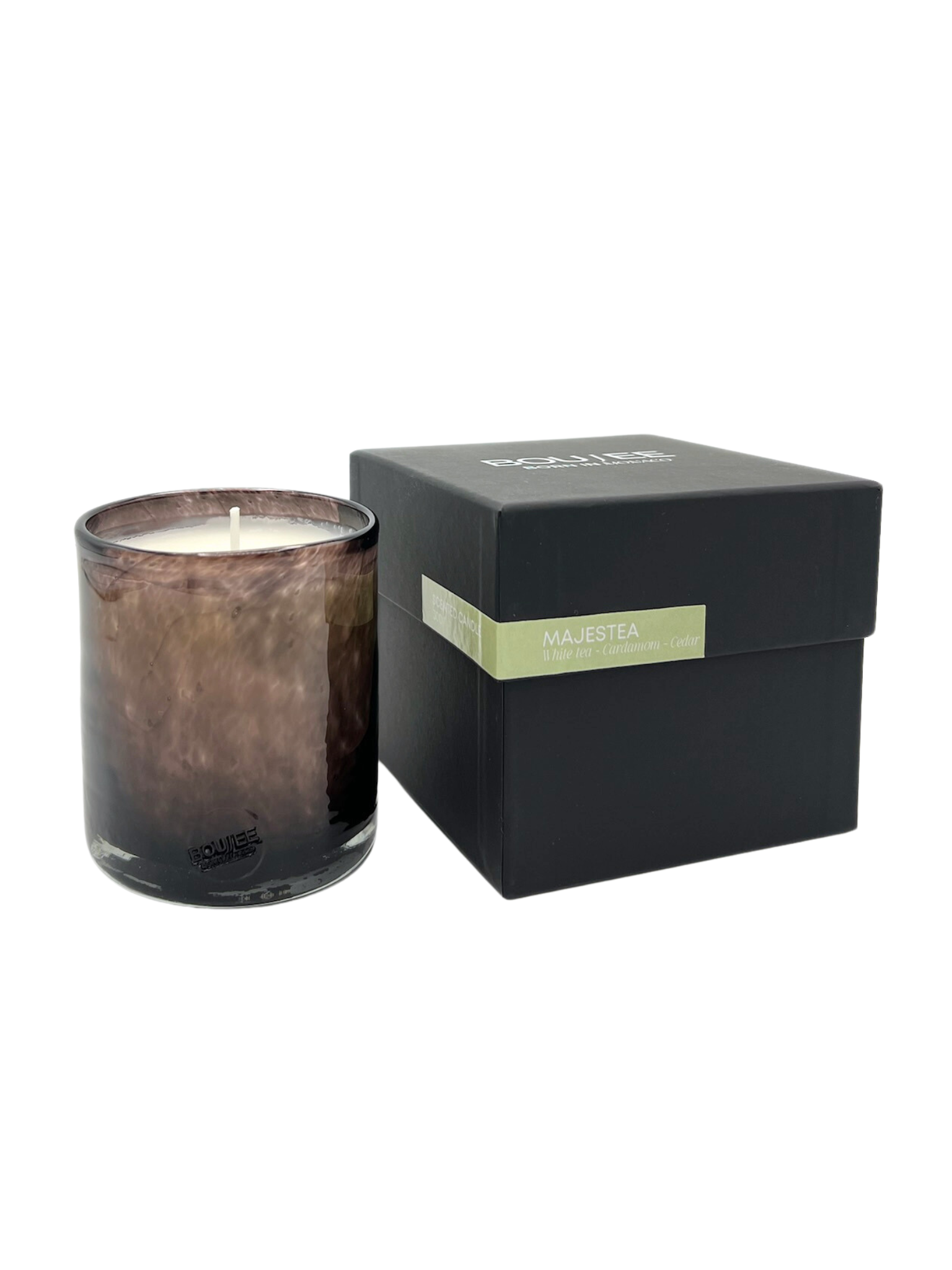 Majestea Candle by BOUJEE with fresh White Tea, Cardamom, and Cedar notes.