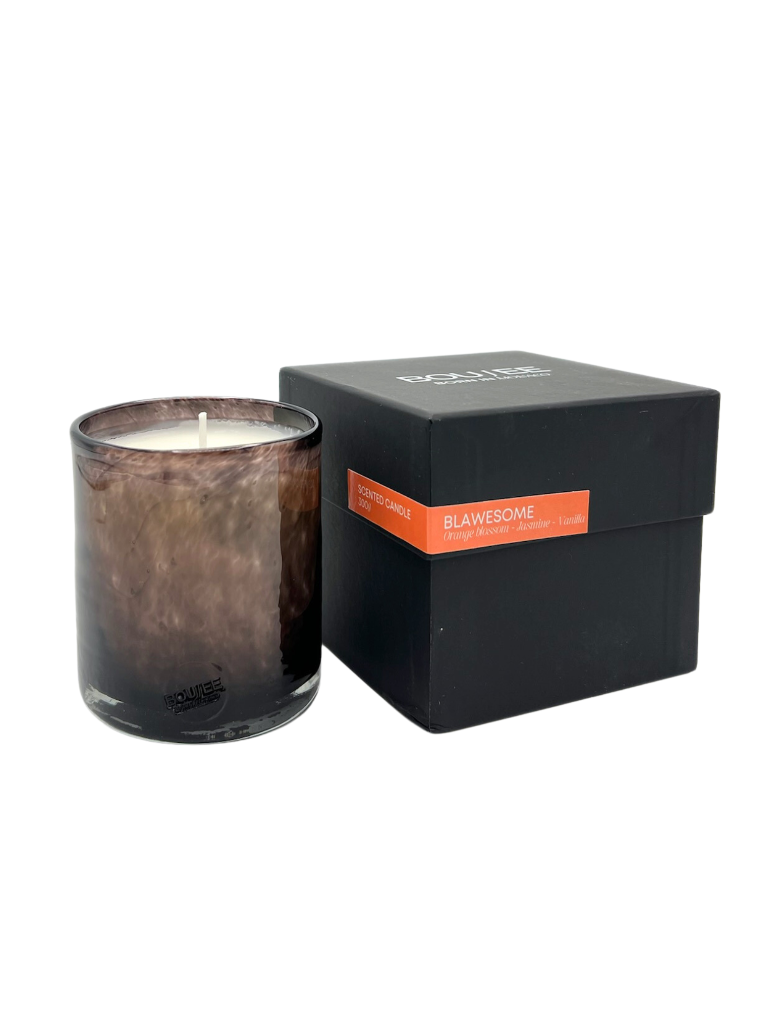 Blawesome Candle in handblown glass, showcasing the floral blend of orange blossom, jasmine, and vanilla.