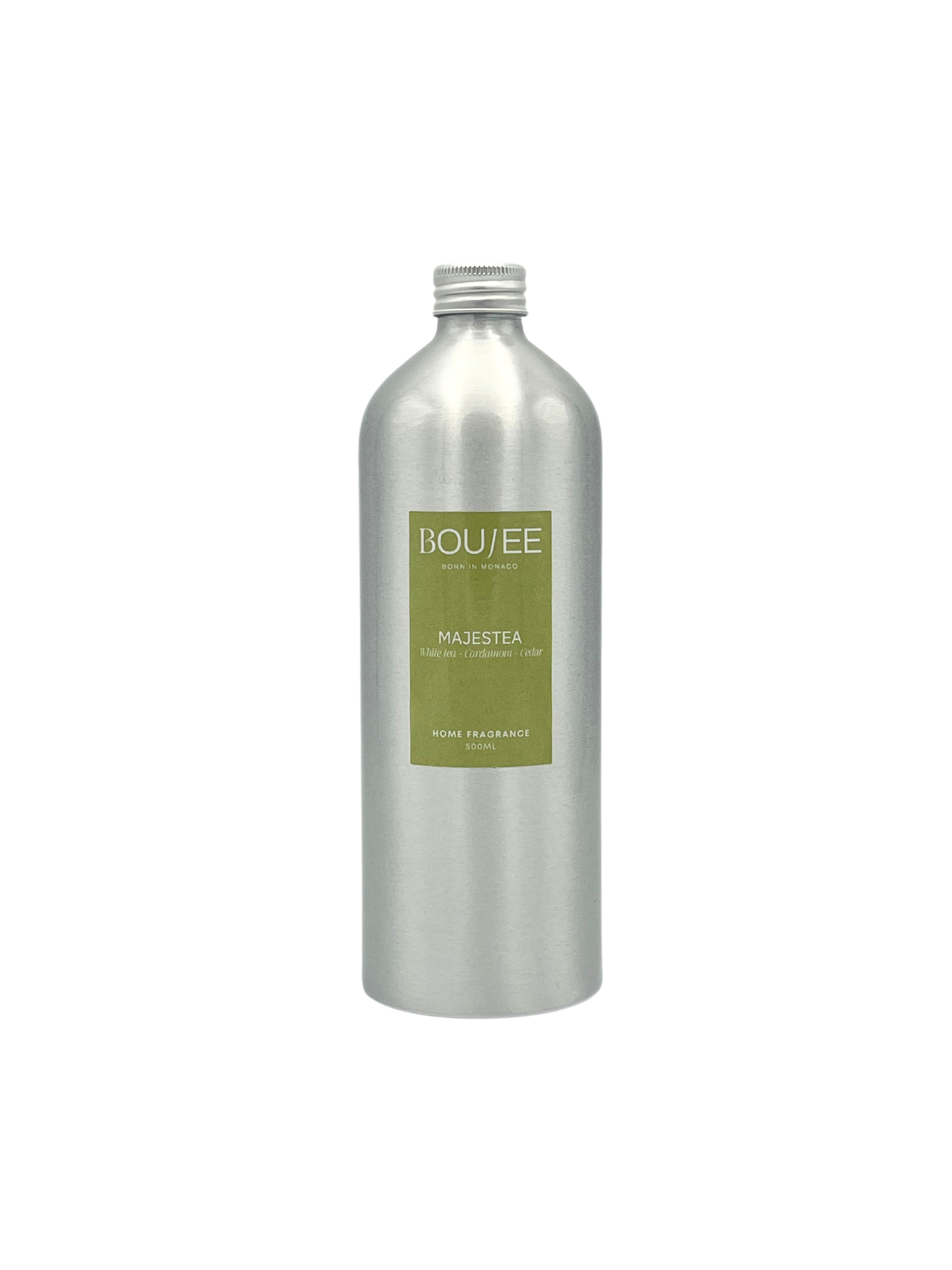 Refill bottle of Majestea fragrance, featuring fresh tea, cardamom, and cedar notes for a spicy, sophisticated aroma.